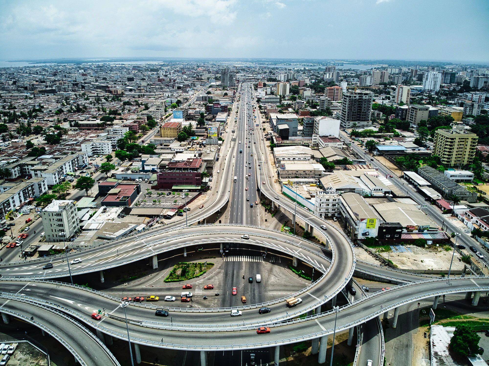 Aerial view of transport infrastructure connecting an urban region.
