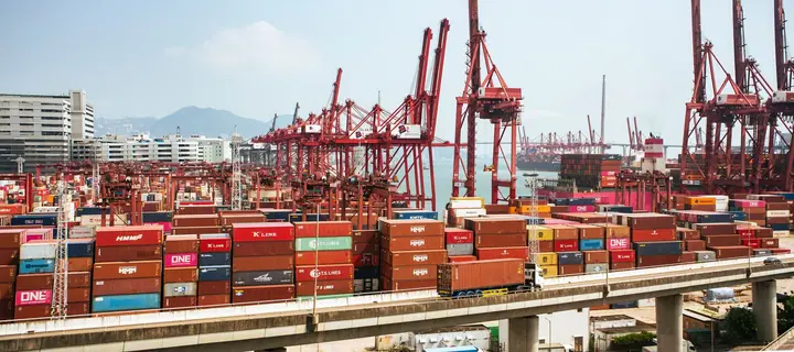 Container cranes and freight at a Hong Kong port, illustrating the cross-border movement affected by export controls.